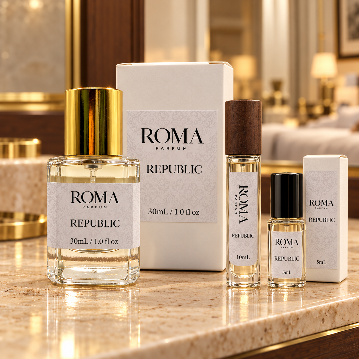 Roma Republic — coordinated Roma packaging in a luxury setting