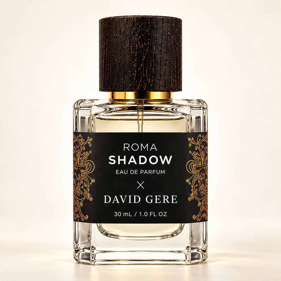 Roma Shadow x David Gere 30 mL clear glass perfume bottle with its original ornamental label on an ivory background.