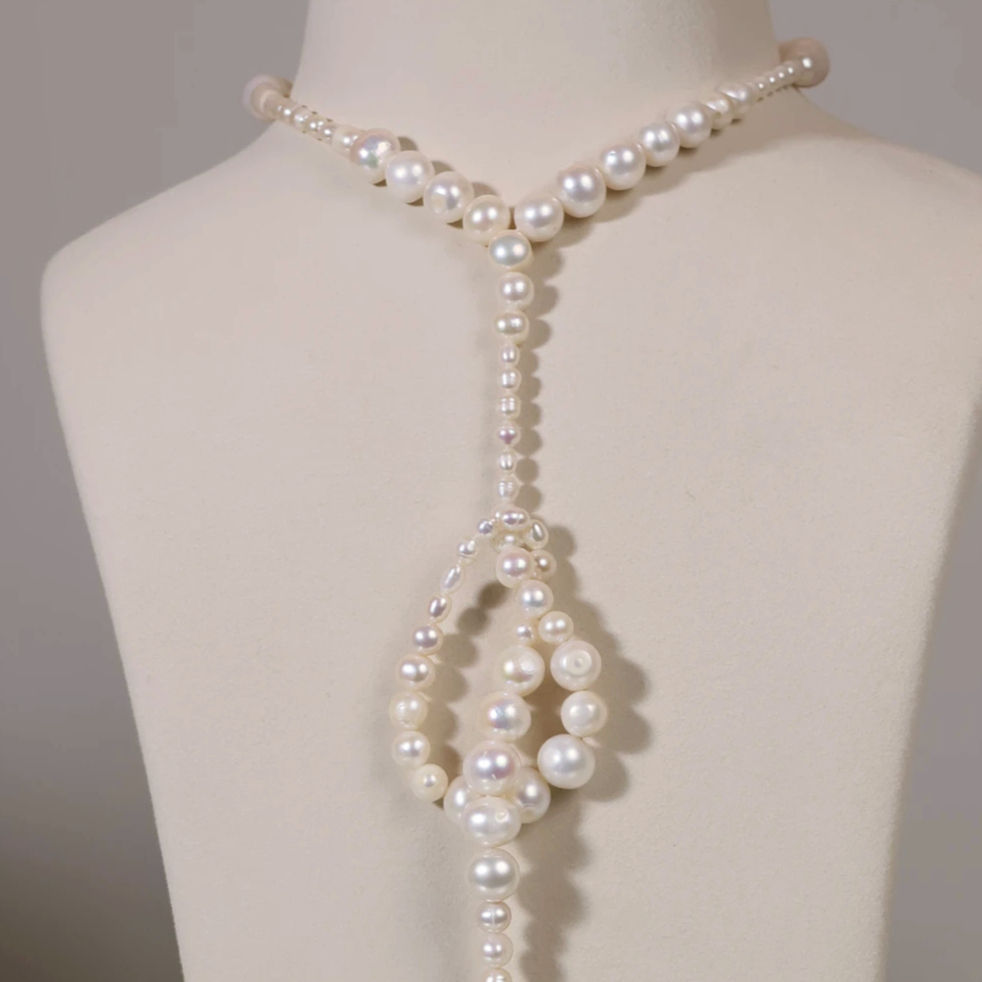 Looped Pearl Lariat Necklace with Baroque Drop, 4mm, 6mm, 8mm, 10mm and 12mm