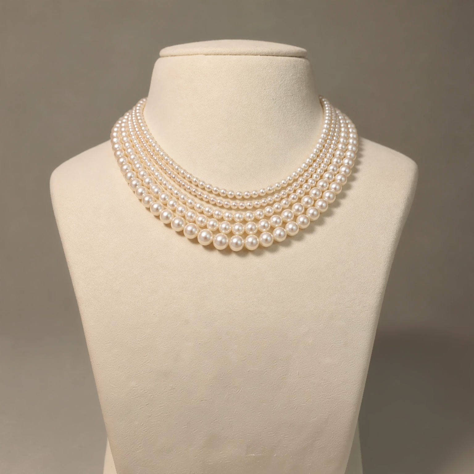 Five-Strand Classic Round Pearl Necklace, 2mm, 4mm and 6mm