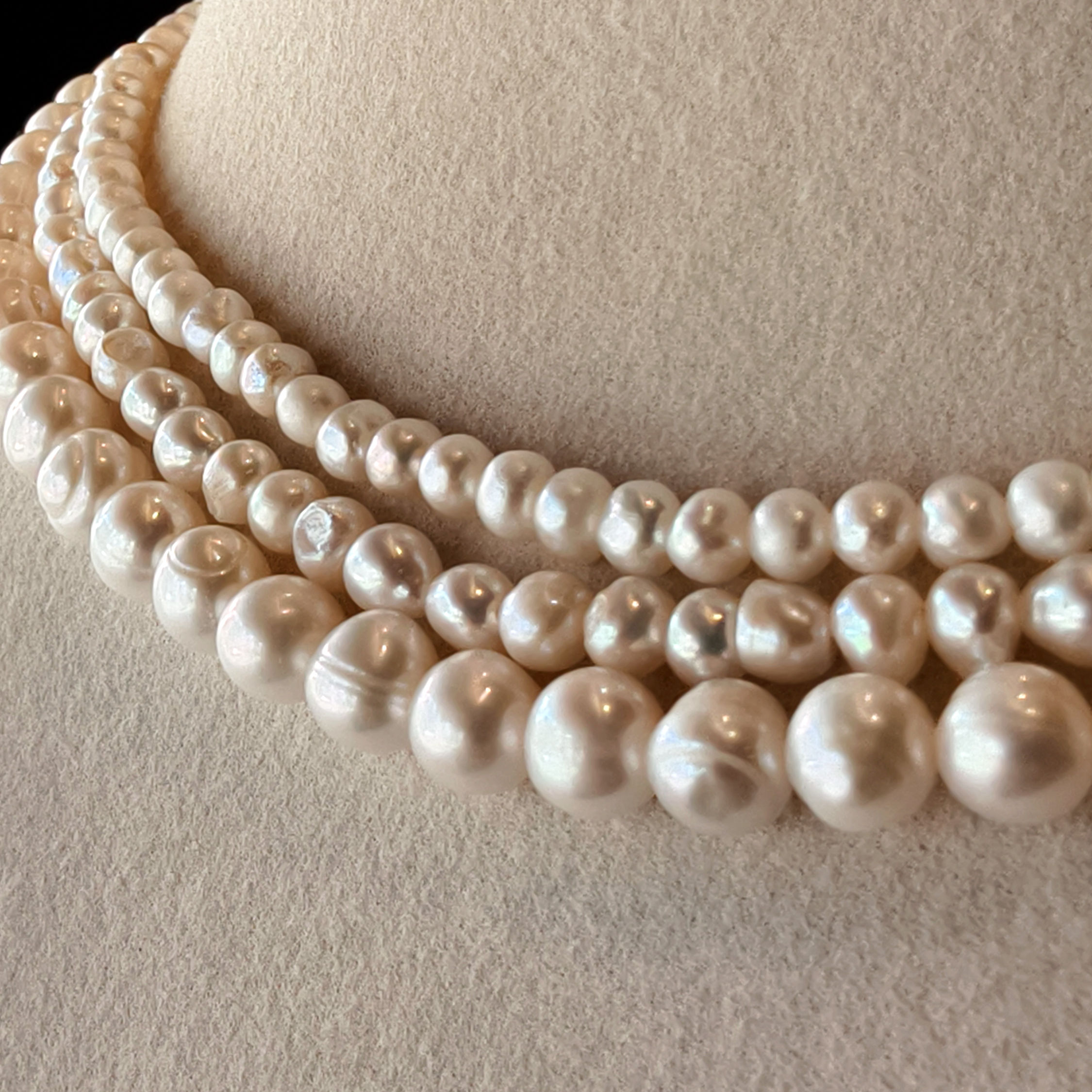 Long Three-Strand graduated Pearl Necklace 8mm to 10-11mm