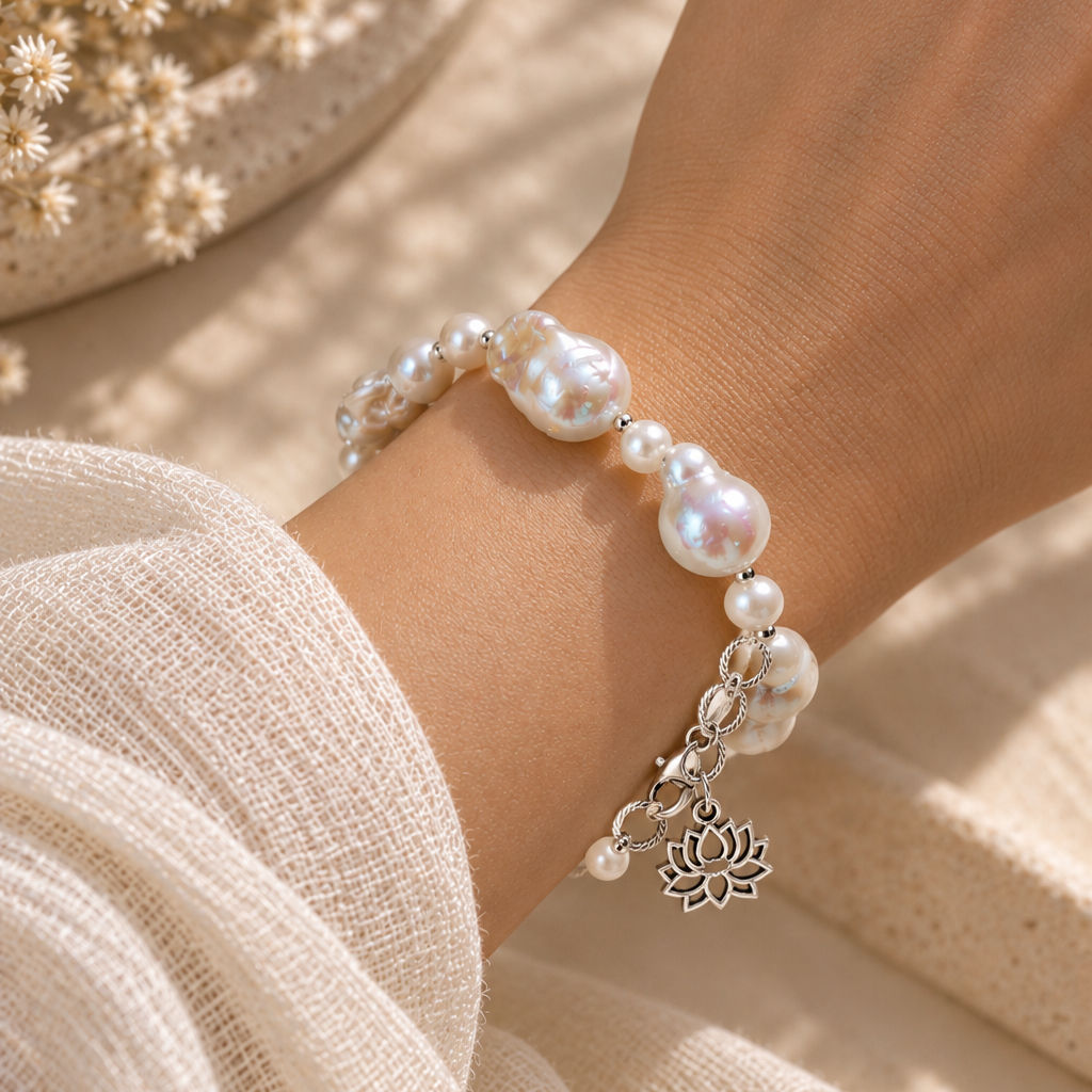 White Baroque Pearl With Round Pearl Bracelet
