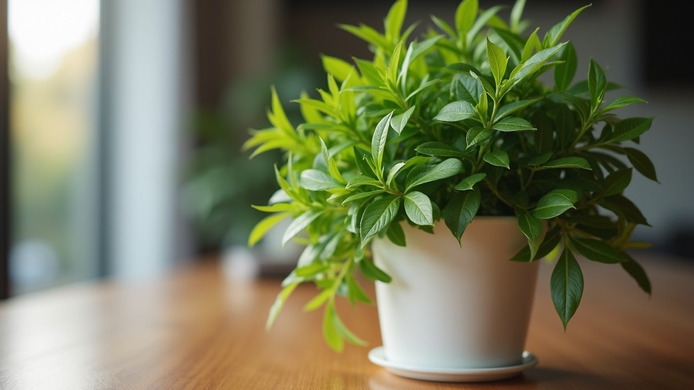 Close-up view of a lush green potted plant on a wooden table