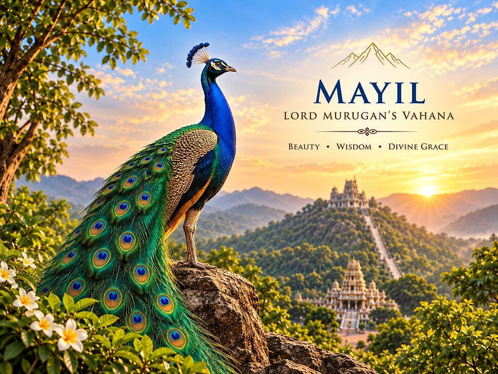 Peacock symbol of Lord Murugan with temple hill background for Arupadai Veedu tour package