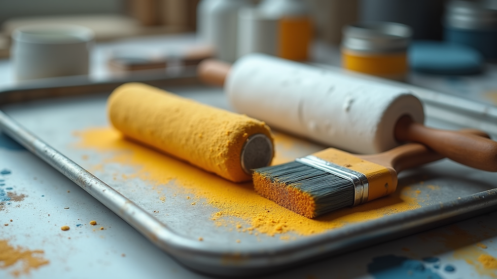 Close-up view of paint rollers and brushes on a painter’s tray
