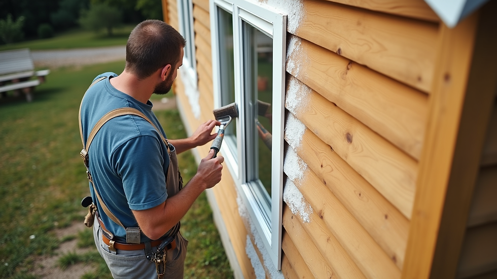 High angle view of a painter applying primer to a wooden house exterior