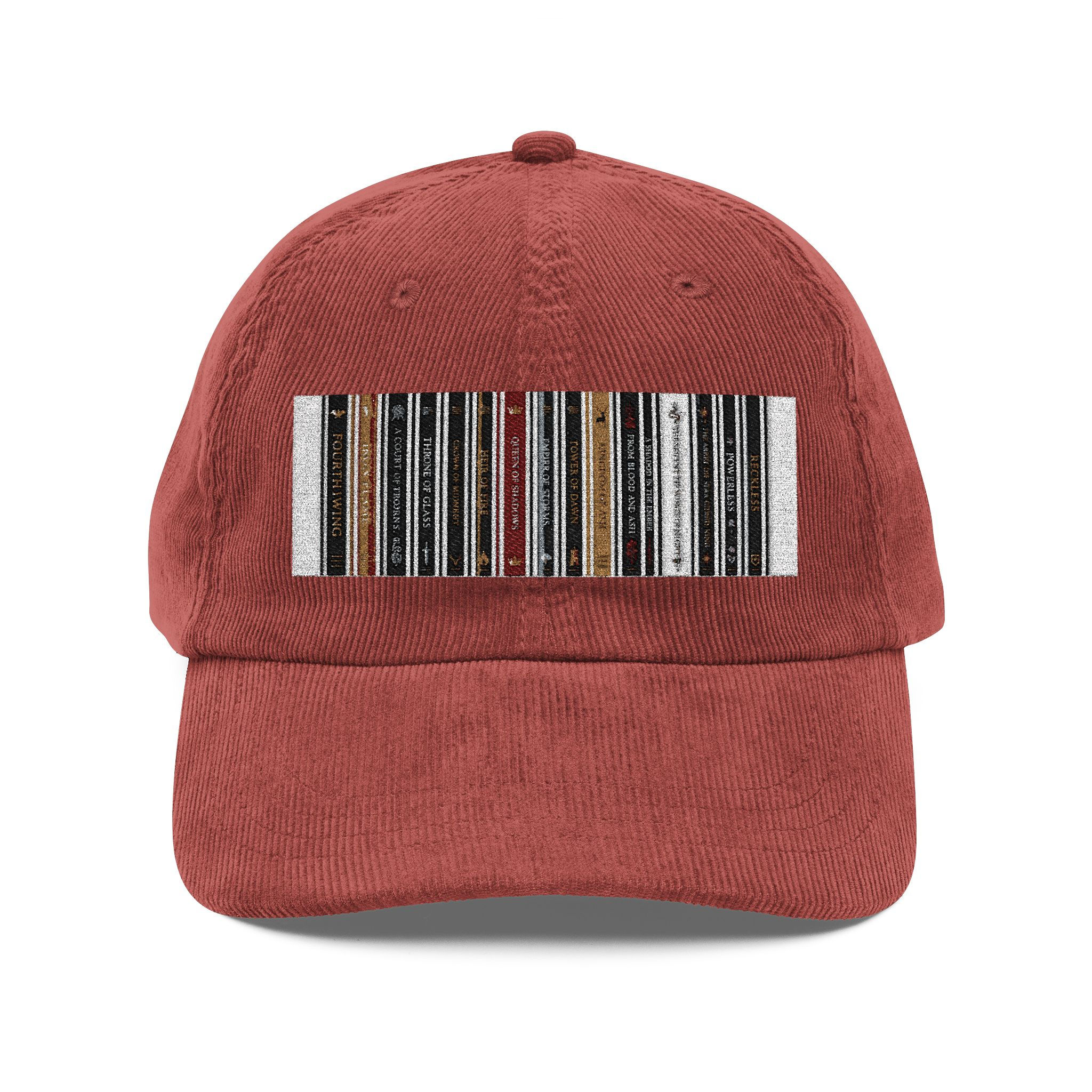 Vintage Corduroy Cap — Romantasy Titles Embroidered Striped Barcode