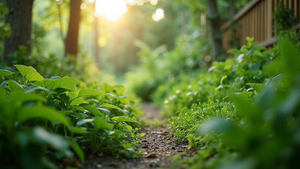 Eye-level view of a lush green garden with diverse plants