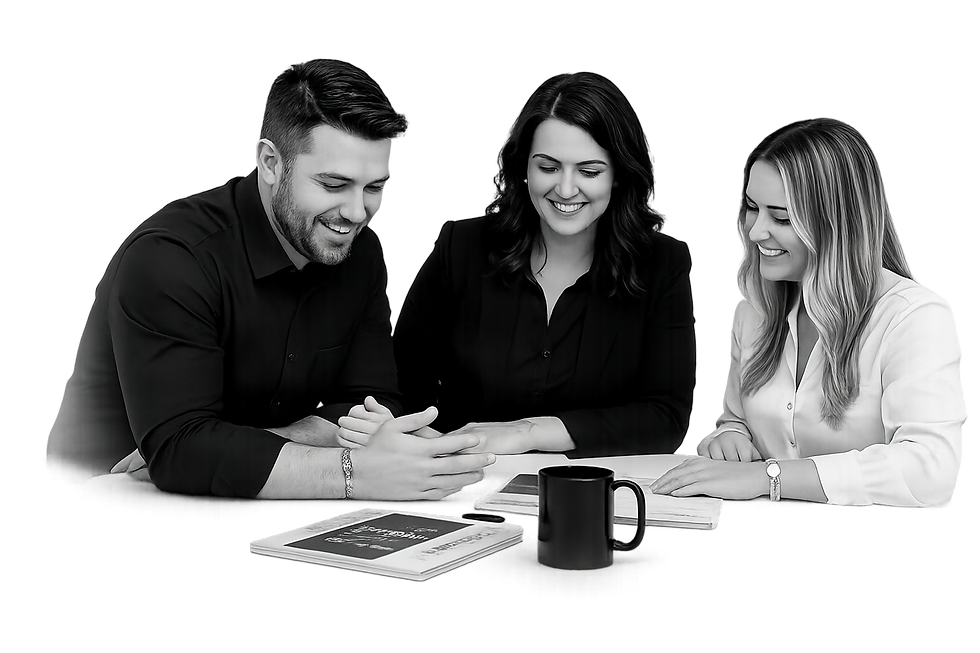 Three professionals reviewing brand strategy materials together. The image supports the message that businesses need clarity, not more marketing.
