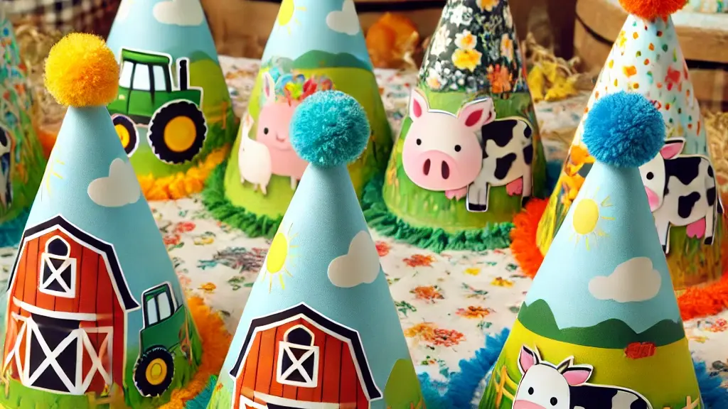 DALL·E 2025-01-17 17.37.00 - A collection of colorful farm-themed birthday party hats feat