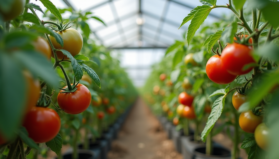 Healthy tomato plants thriving in a South African greenhouse