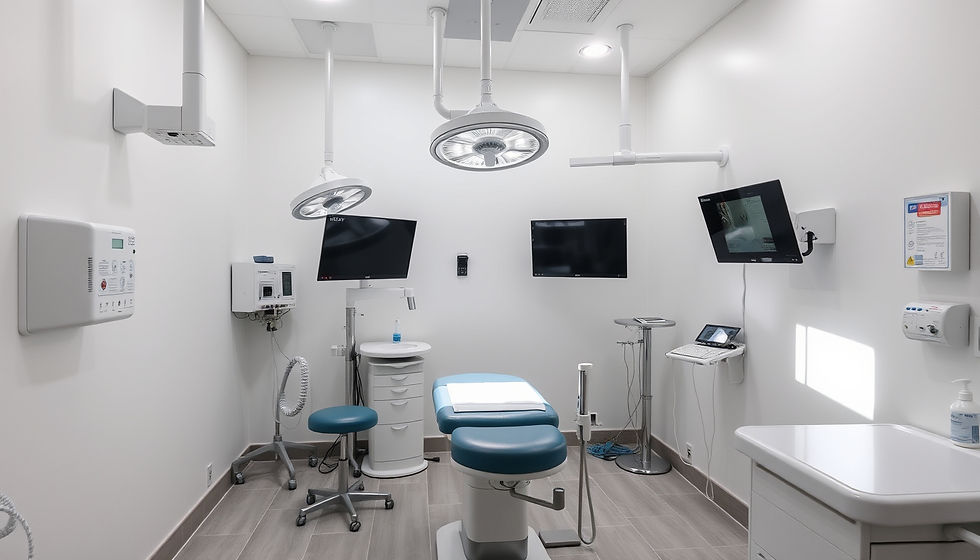 Dental office with an empty chair, modern equipment, light blue cabinetry, and bright windows. Sterile and calm ambiance.