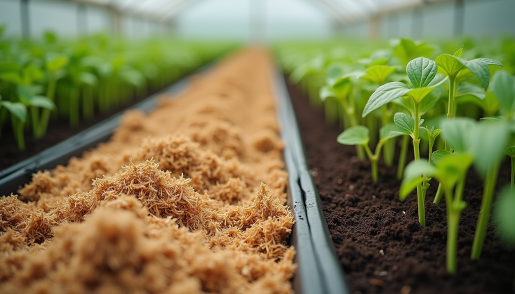Close-up view of coir and peat growing mediums side by side in greenhouse trays