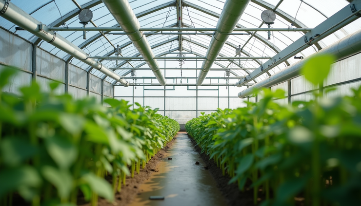 Eye-level view of a South African greenhouse interior showing automated climate control sensors and ventilation systems