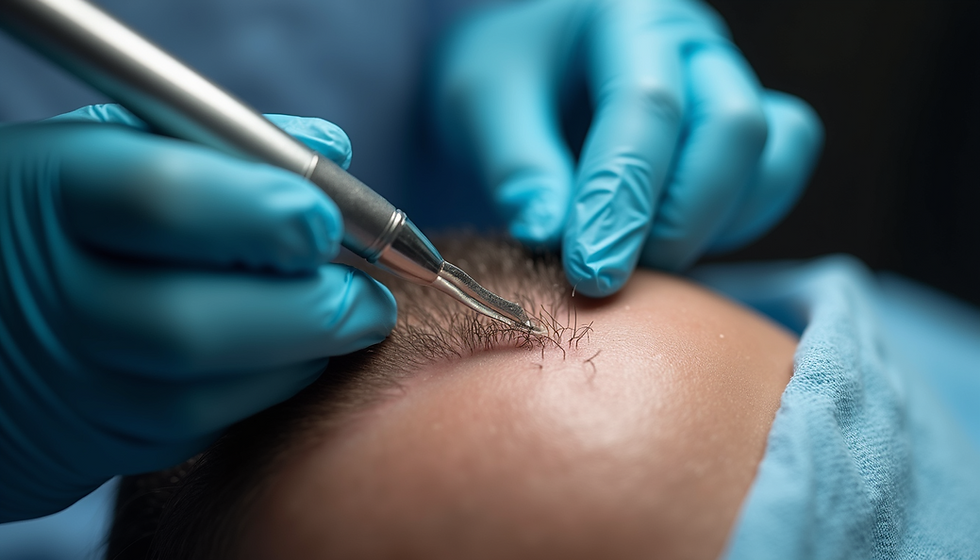 Close-up view of hair follicles being prepared for transplant