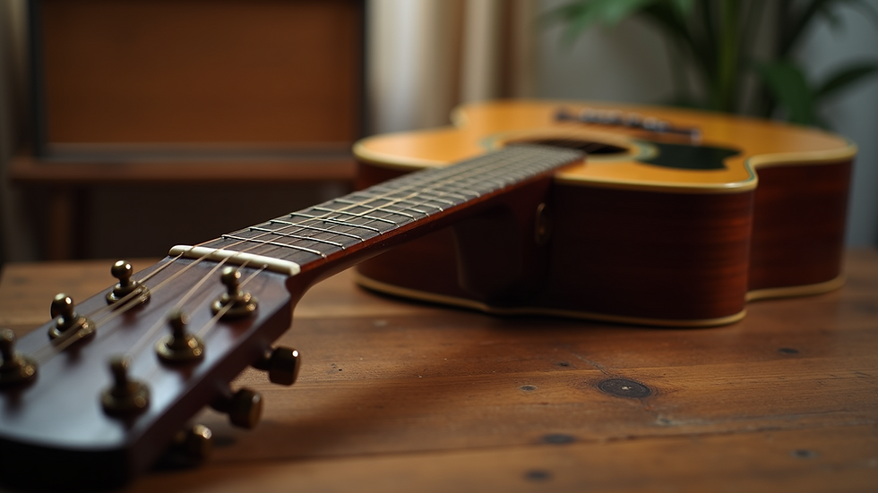 Eye-level view of a classic country music guitar on a wooden table