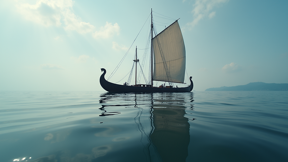 Eye-level view of a Viking ship on a calm sea