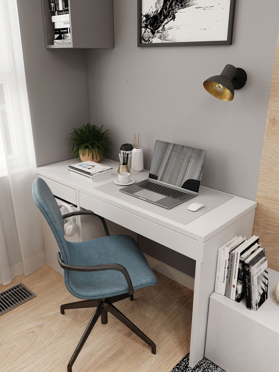 Cozy home office with desk, chair, and laptop.Interior Design London, Maria Krylova Interior Designer
