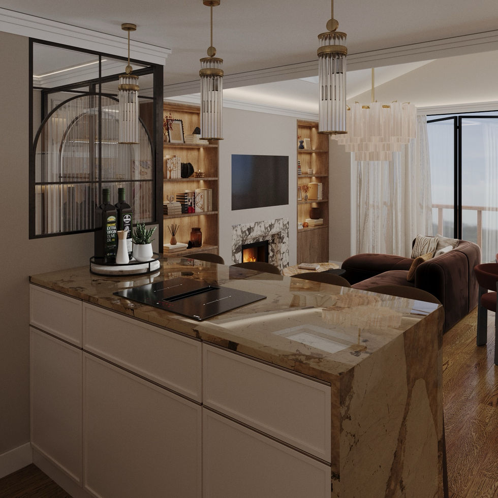 Modern kitchen and living area with elegant decor. Interior Design, London, Maria Krylova Designer