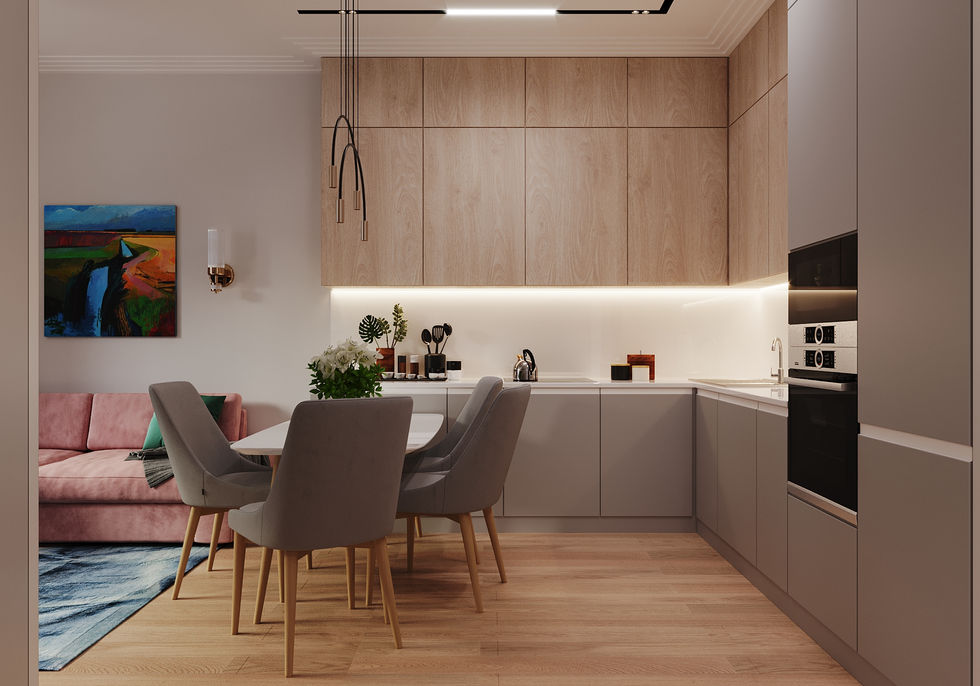 Modern kitchen with wooden cabinets and dining table. Interior Design London, Maria Krylova Interior Designer