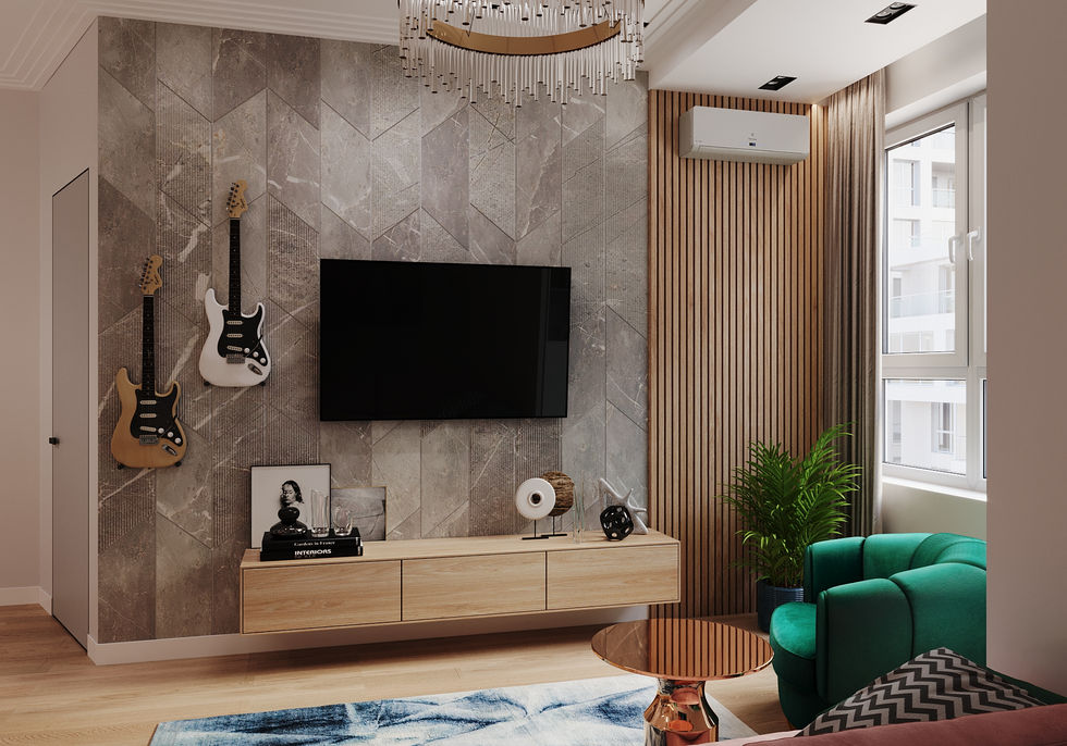 Modern living room with guitars and wall-mounted TV. Interior Design London, Maria Krylova Interior Designer