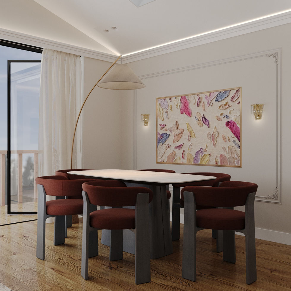 Modern dining room with abstract art and red chairs. Interior Design, London, Maria Krylova Designer