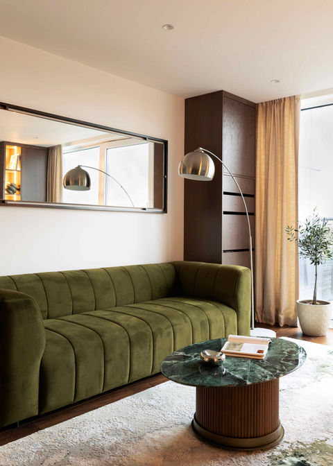 living room with green sofa, interior design London, Maria Krylova Designer