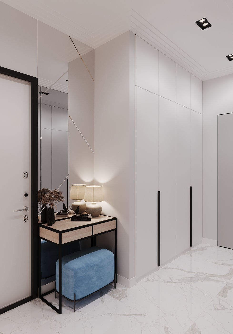 Modern hallway with table, lamp, and blue ottoman. Interior Design London, Maria Krylova Interior Designer