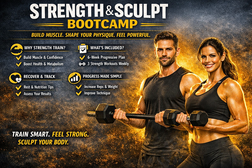 Join the Strength & Sculpt Bootcamp: Build muscle, enhance your physique, and feel empowered with our 6-week progressive plan and weekly strength workouts. Train smart, feel strong, sculpt your body!