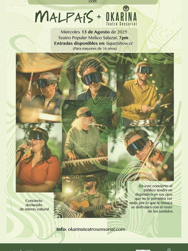 Aficha promocional de El Barrio de los Jazmines Experiencia Sensorial. Tiene la información de las fechas de las actividades, horas y lugar en que se presentó, así como la información de contacto. Hay siete fotos, una de cada uno de los miembros de la banda Malpaís con su instrumento musical. Todos están tocando mientras usan una careta que tapa sus ojos.