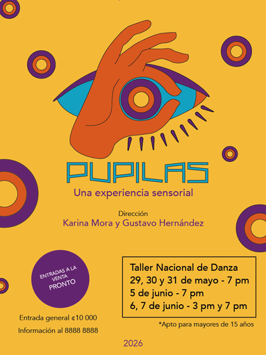 Aficha promocional de El Barrio de los Jazmines Experiencia Sensorial. Tiene la información de las fechas de las actividades, horas y lugar en que se presentó, así como la información de contacto. En el centro del afiche hay una ilustración en naranja, celeste y morado. La ilustración es un ojo grande con una mano al frente, la mano hace una figura al juntar el índice y el pulgar y deja los otros dedos extendidos.