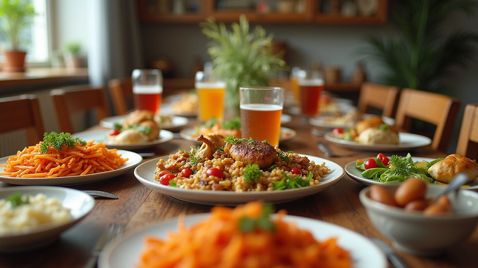 Eye-level view of a colorful family meal spread on a wooden table