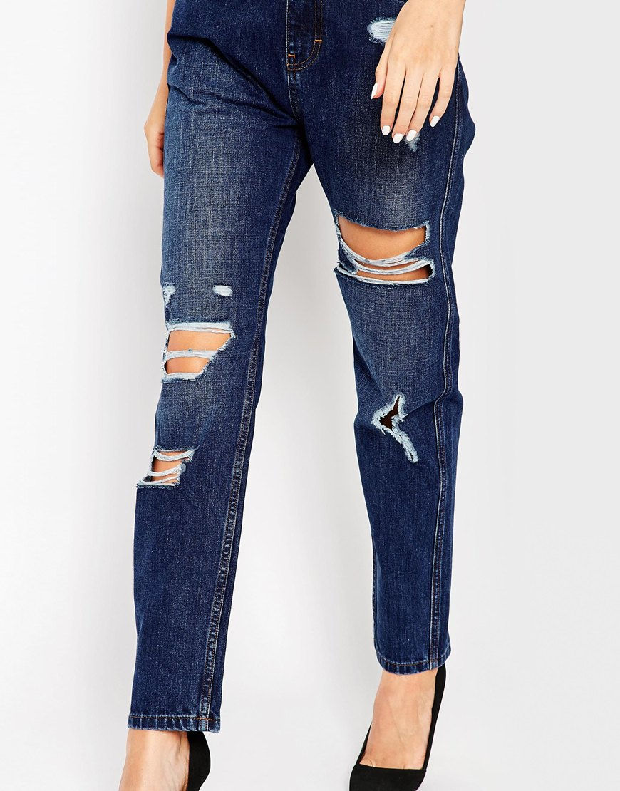 Thumbnail: Original Mom Jeans in Dark Wash with Rips