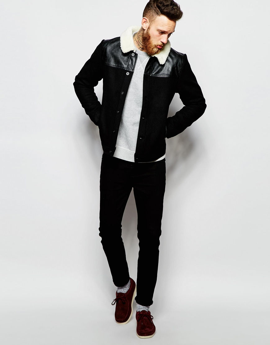 Thumbnail: Wool Harrington Jacket With Faux Shearling Collar