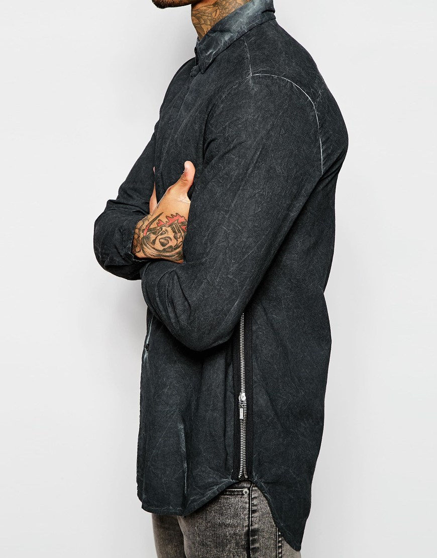 Thumbnail: Shirt With Zip Detail In Heavy Wash With Long Slee