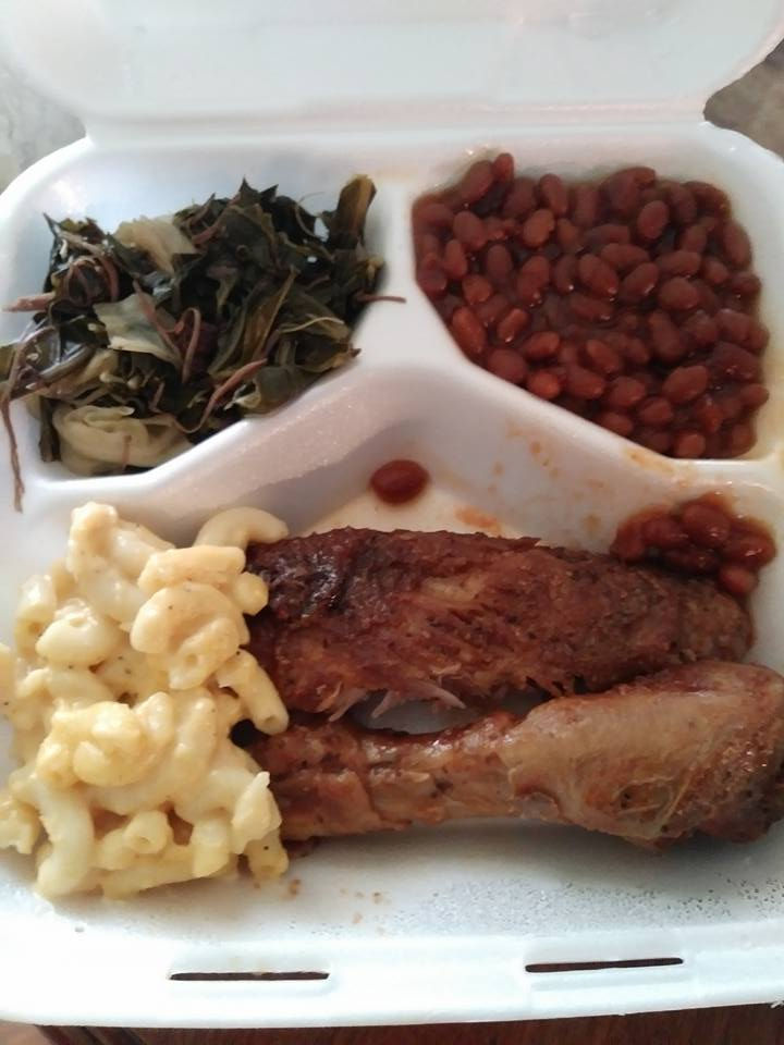 BBQ Chicken, Rib, Mac N Cheese, Baked Beans, Greens & Cabbage