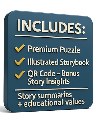 Includes premium puzzle, illustrated storybook, QR code for bonus content, and educational story insights