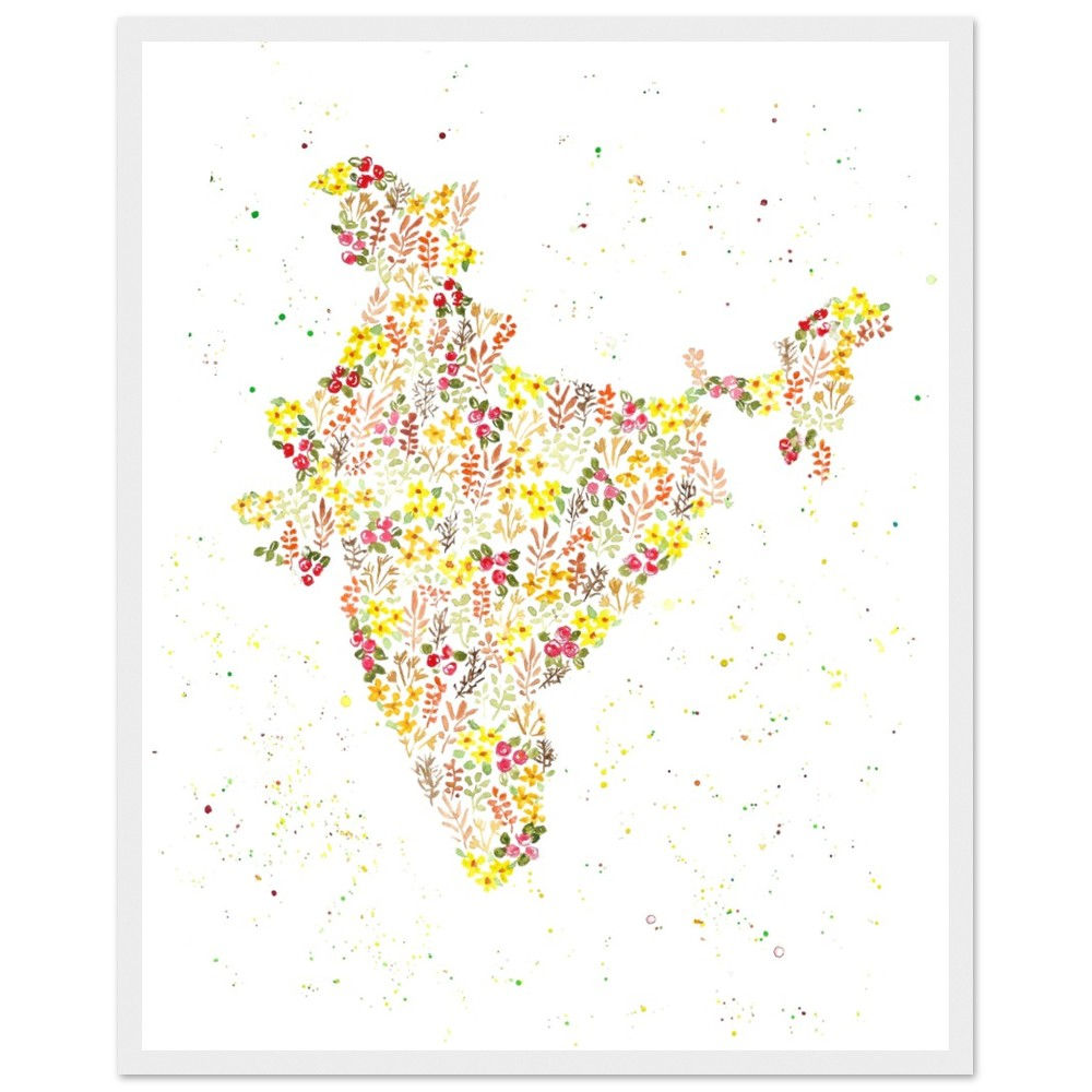 India Watercolour Map Matte Paper Wooden Framed Poster