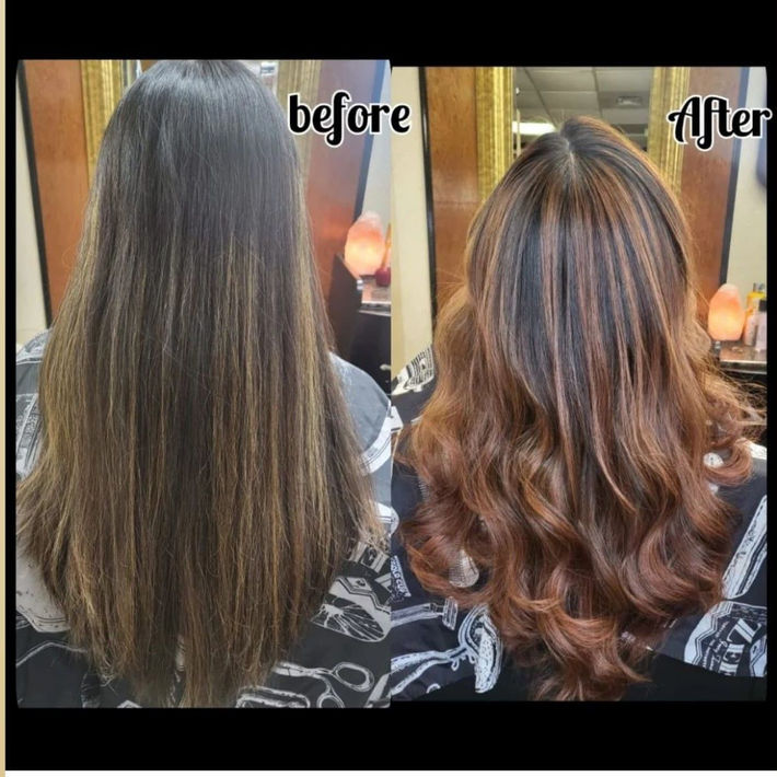 Before & After hair color transformation with dimensional highlights 
