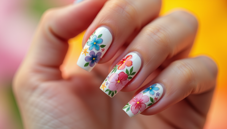 Close-up view of colorful summer nail art with floral patterns