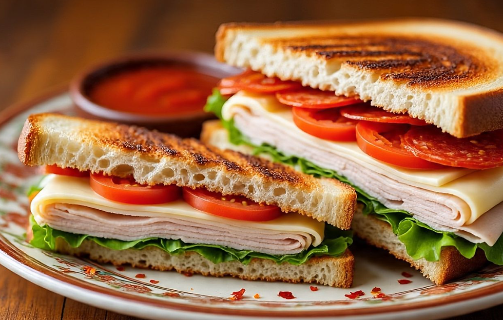 Italian spicy sandwich with turkey, cheese, lettuce, and tomato on a patterned plate. A bowl of tomato soup is in the background. Cozy setting.
