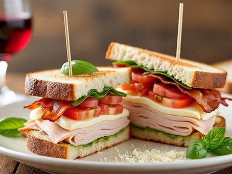 Club sandwich on a plate with turkey, bacon, cheese, lettuce, and tomato. Garnished with basil. Glass of red wine in the blurred background.