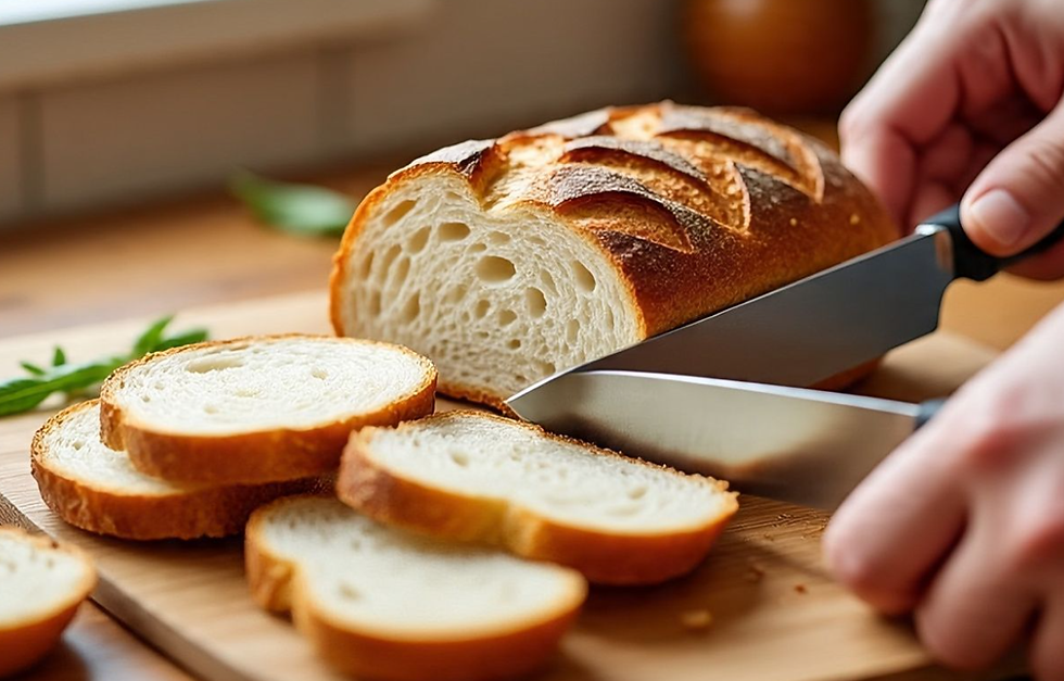 Person slicing italian crusty bread on a wooden board in a warm kitchen. Freshly cut slices and green leaves in the background. Cozy atmosphere.
