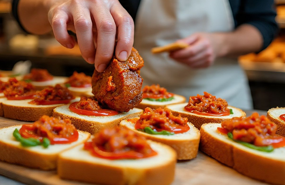 Hand places meatball on italian spicy sandwich with tomato sauce and vegetables. A kitchen setting with blurred background. Warm colors dominate.