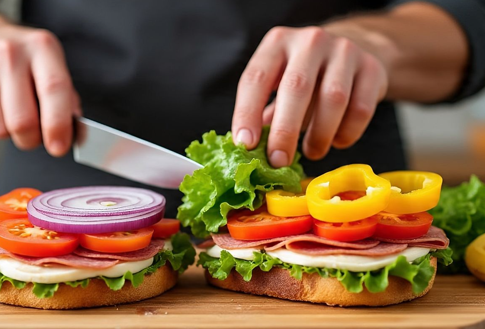 Hands prepare italian spicy sandwiches with lettuce, salami, cheese, tomatoes, onion, and yellow pepper on a wooden board. Bright colors, fresh ingredients.