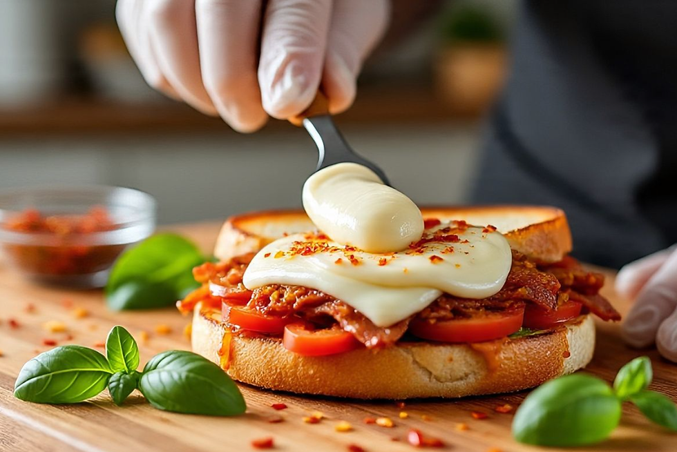 Gloved hand spreading sauce on a italian spicy sandwich with cheese, bacon, and tomatoes. Fresh basil and chili flakes on wooden surface. Warm kitchen setting.