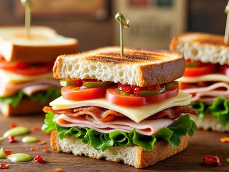 Close-up of italian hero sandwiches with turkey, cheese, bacon, lettuce, and tomato on toasted bread. Garnished with picks. Rustic wood background.