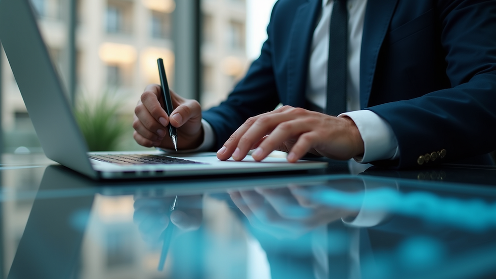 Eye-level view of a business professional analyzing data on a laptop