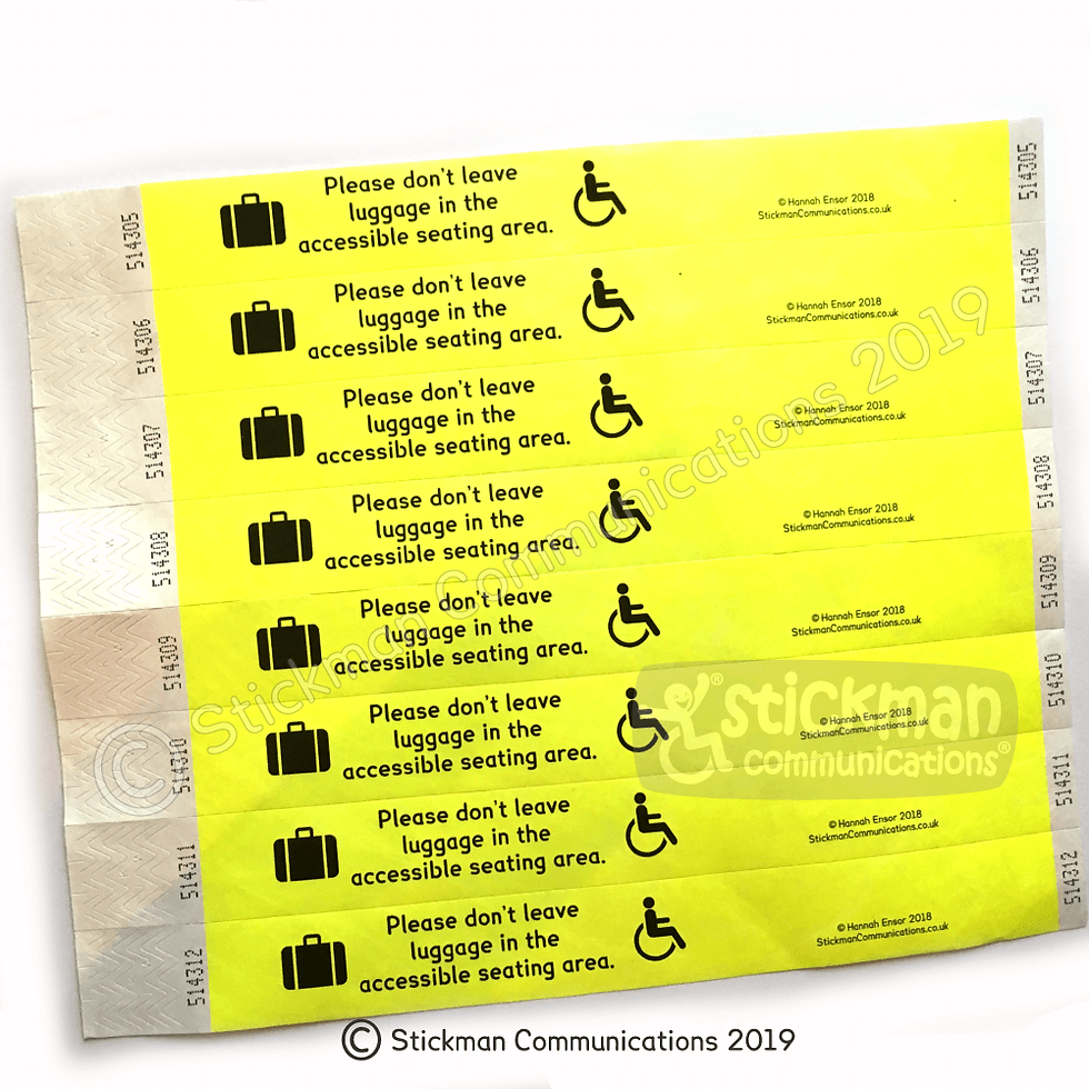 Thumbnail: a sheet of bright yellow bands saying ‘Please don’t leave luggage in the accessible seating area