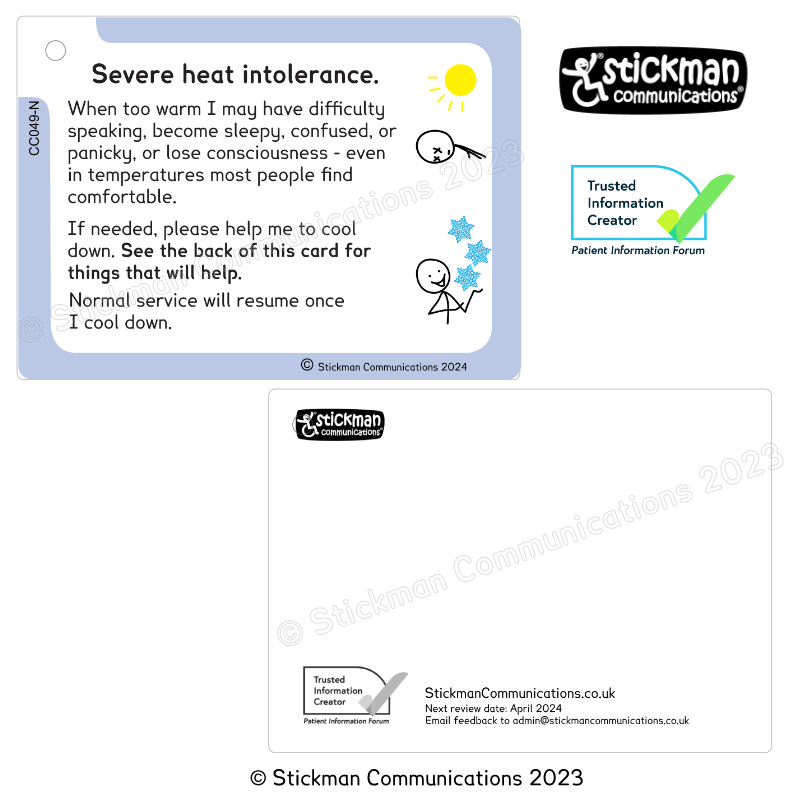 Thumbnail: Both sides of the blue heat intolerance card - the back is mostly blank, with PIF TICK and copyright info at the bottom.